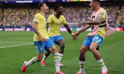 Brazilian players celebrate their qualification to the round of 16 at the 2026 FIFA World Cup.