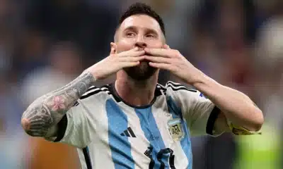 Lionel Messi celebrates after scoring against Algeria during the 2026 FIFA World Cup.
