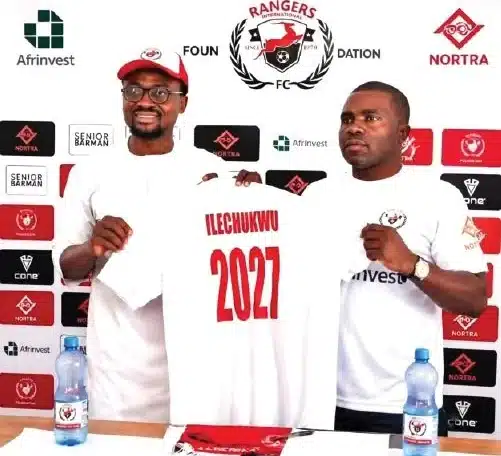 Fidelis Ilechukwu (left) during his unveiling after extending his contract with Rangers.