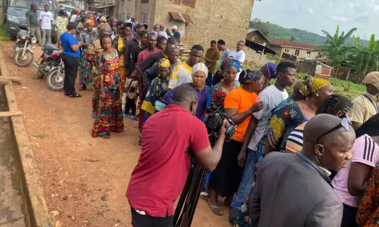 Residents queue to vote at Ward 6, Polling Unit 003, Ikogosi, during the Ekiti bye-election on Saturday. Photo- Segun Odunayo