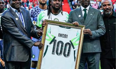 Alex Iwobi receiving a commemorative plaque to mark his century of appearances for the Super Eagles ahead of Portugal vs Nigeria international friendly on Wednesday, June 10, 2026.