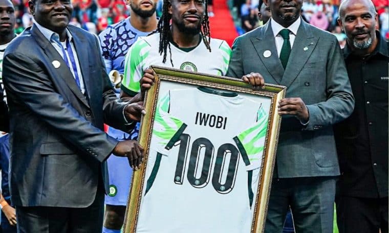 Alex Iwobi receiving a commemorative plaque to mark his century of appearances for the Super Eagles ahead of Portugal vs Nigeria international friendly on Wednesday, June 10, 2026.