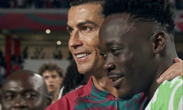 Portugal's Cristiano Ronaldo and Nigeria's Akor Adams after their international friendly match on Wednesday, June 10, 2026.
