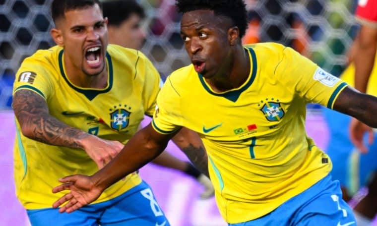 Vinicius Junior celebrate after scoring the equalizer against Morocco during their 2026 FIFA World Cup opener on Saturday, June 30.