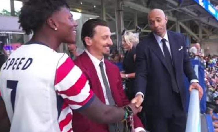 L-R: Ishowspeed, Zlatan Ibrahimović, and Thierry Henry during a 2026 FIFA World Cup clash between the United States and Paraguay.