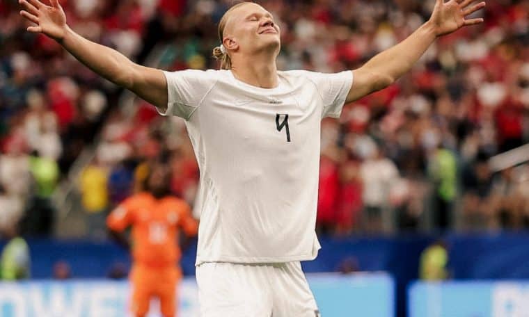Erling Haaland celebrates after scoring against Ivory Coast at the 2026 FIFA World Cup.