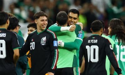 Mexican players celebrate after securing their place to the next round of the 2026 FIFA World Cup.