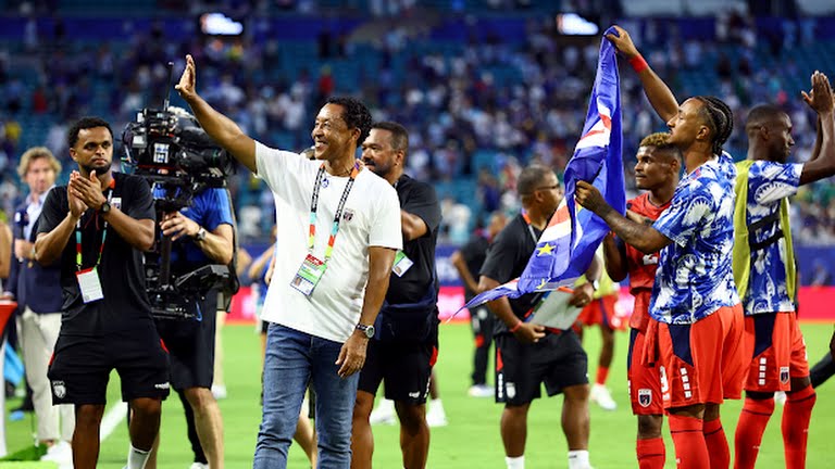 Cape Verde players and technical crew members celebrate their draw against Uruguay at the 2026 FIFA World Cup.