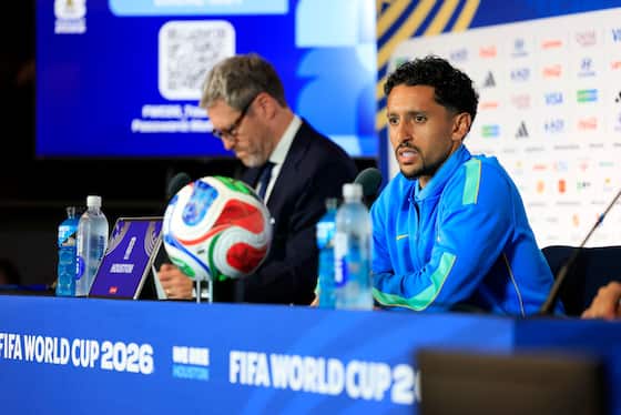 Brazil's Marquinhos during a press conference at the 2026 FIFA World Cup.