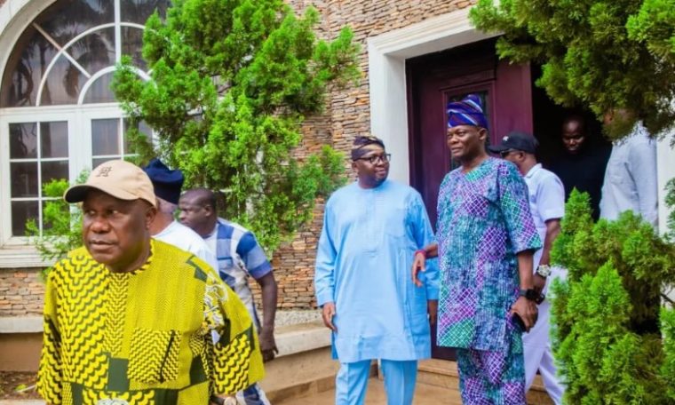 Abdulfatai Buhari, Bayo Adelabu and Teslim Folarin after a closed-door meeting in Ibadan.