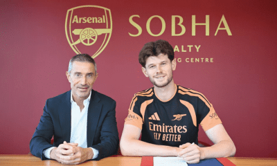 Illan Meslier (right) during his unveiling as an Arsenal player.