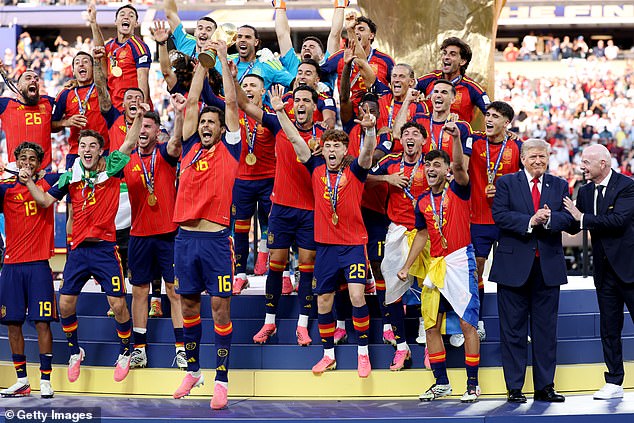Donald Trump celebrates with the Spain national team after beating Argentina to win the 2026 FIFA World Cup