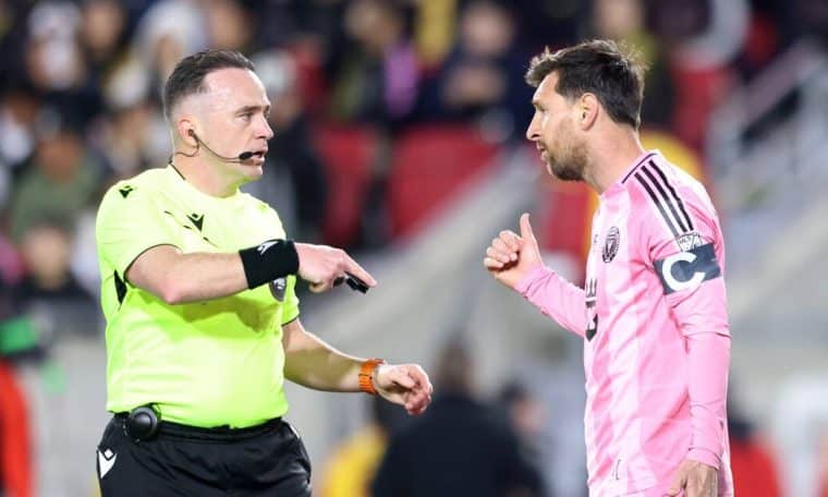 File photo of referee Ismail Elfath and Lionel Messi during a Major League Soccer match.