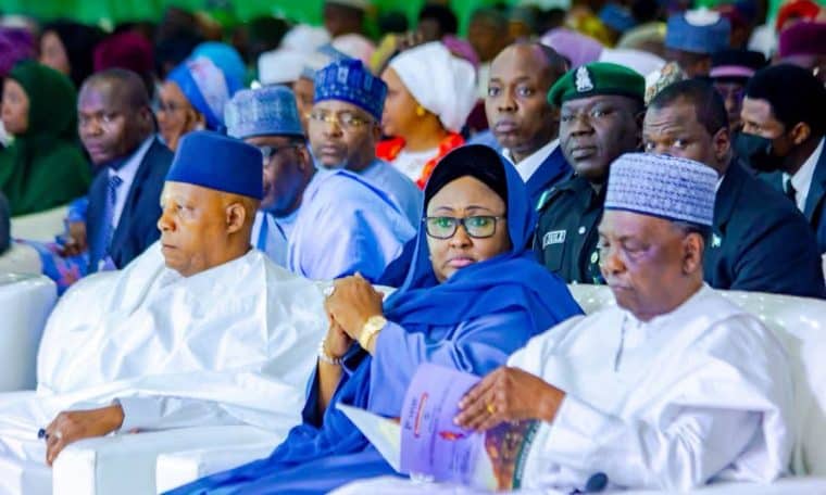 L-R: Vice President Kashim Shettima, Former First Lady Aisha Buhari and former President Yakubu Gowon at the first-year remembrance for the late former President Muhammadu Buhari