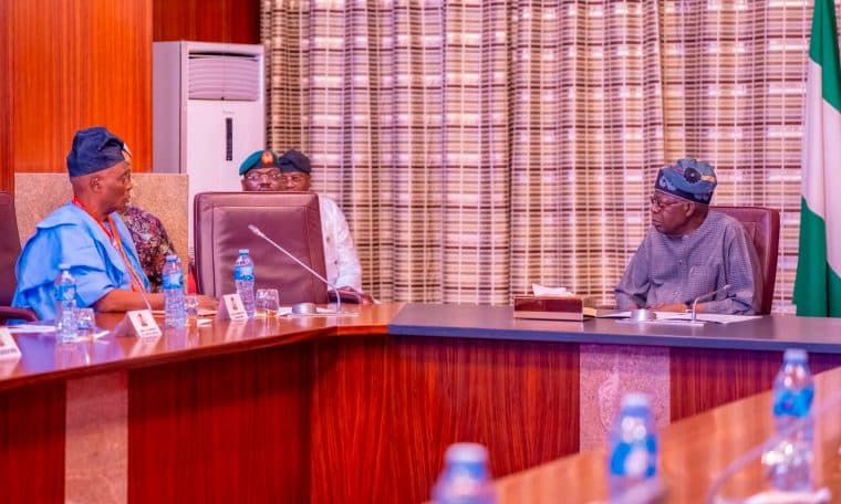 L-R: Olubadan of Ibadan, Oba Rasheed Ladoja and President Bola Tinubu