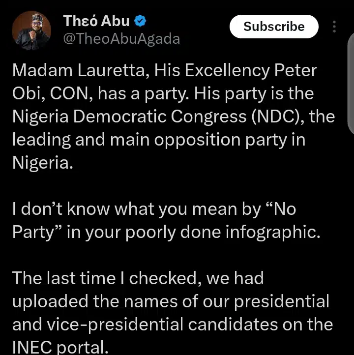 NDC Tackles Lauretta Onochie For Sharing Report Portraying Peter Obi As Candidate Without Party
