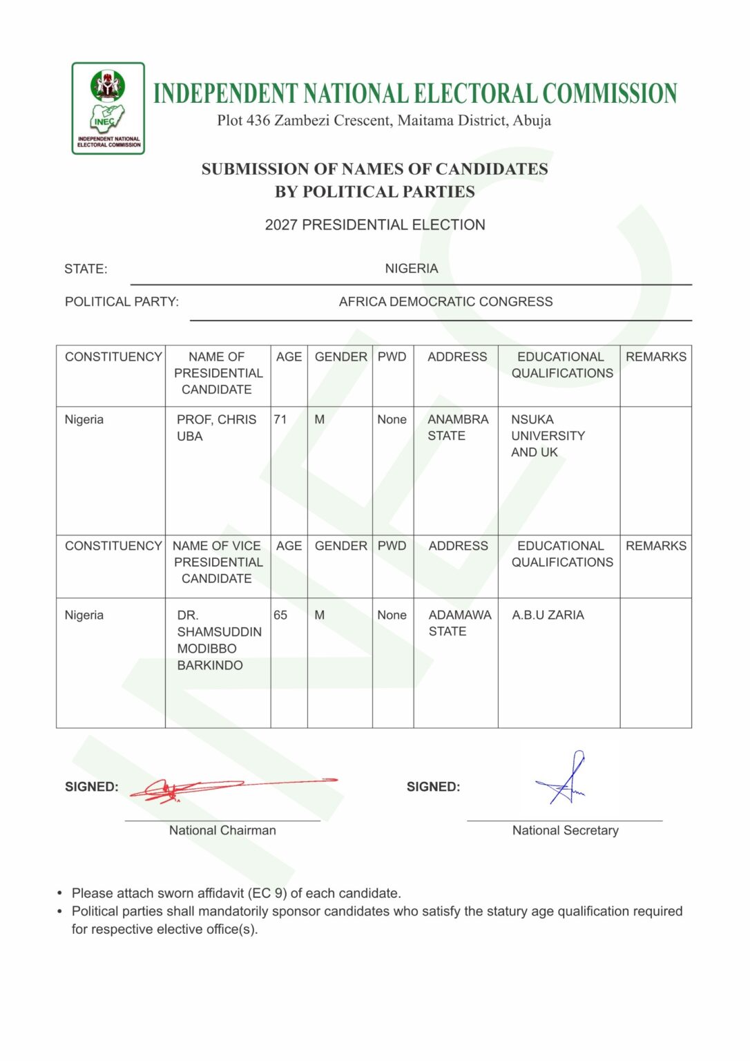 Photo: Atiku ‘Abandoned’ As ADC Reveals Identity Of Presidential Candidate On INEC Portal