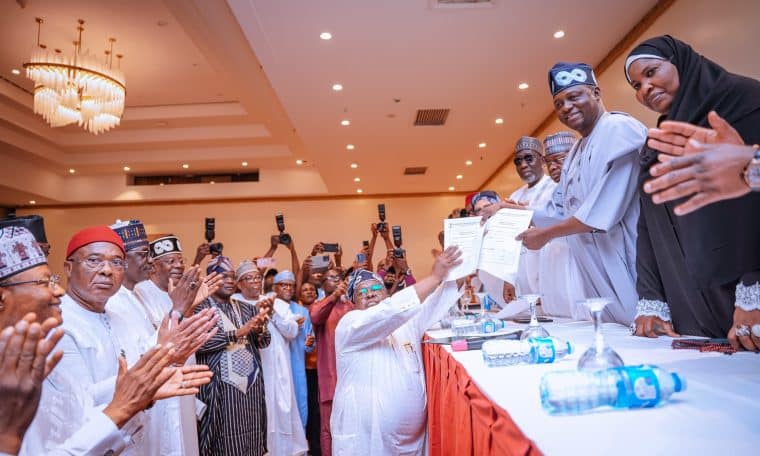 APC Chairman, Prof. Nentawe Yilwatda, receives Tinubu/Shettima nomination form for 2027 presidency from the President's Special Adviser on Political and Other Matters, Ibrahim Masari.