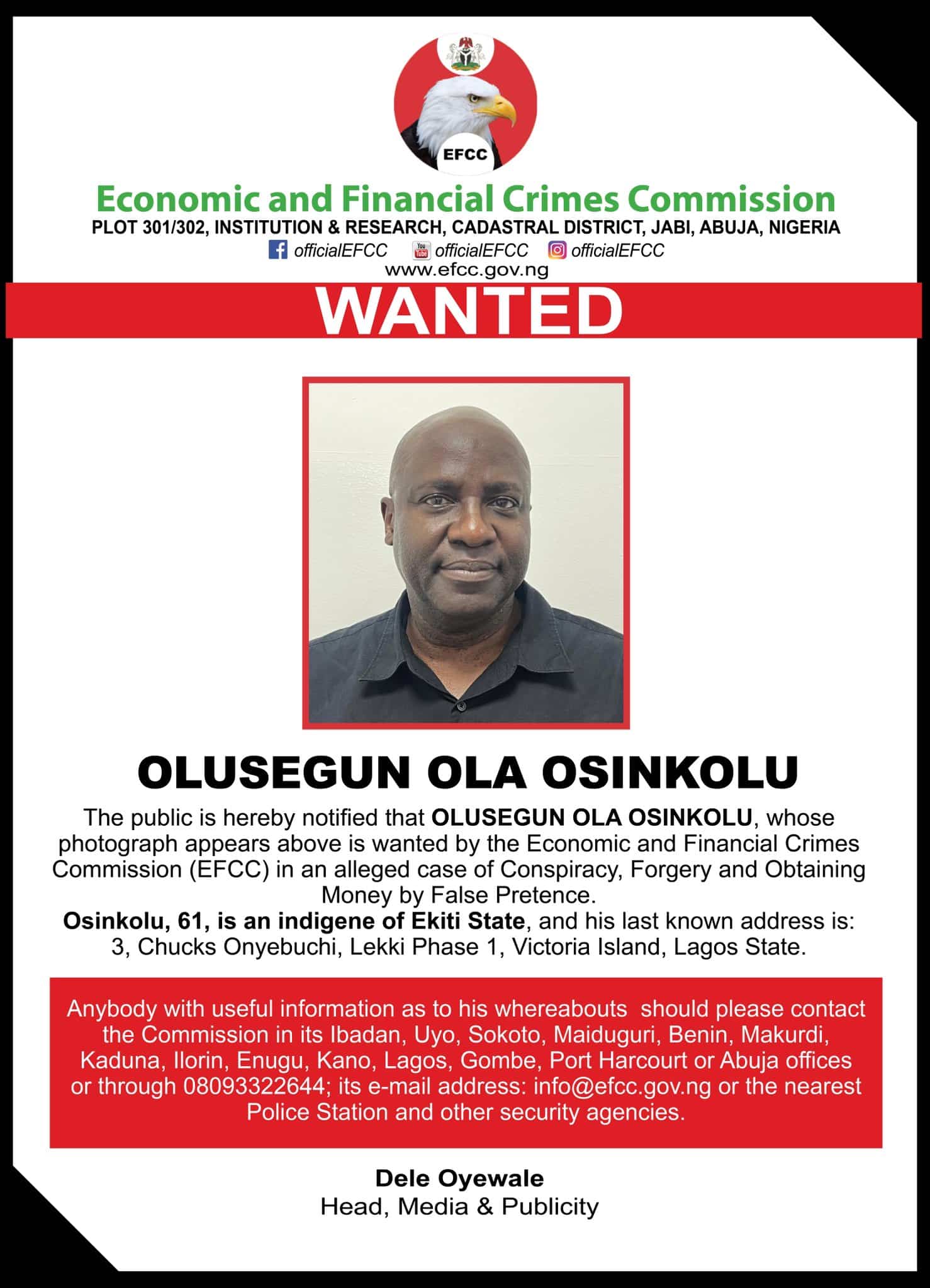 EFCC Declares Olusegun Ola Osinkolu Wanted