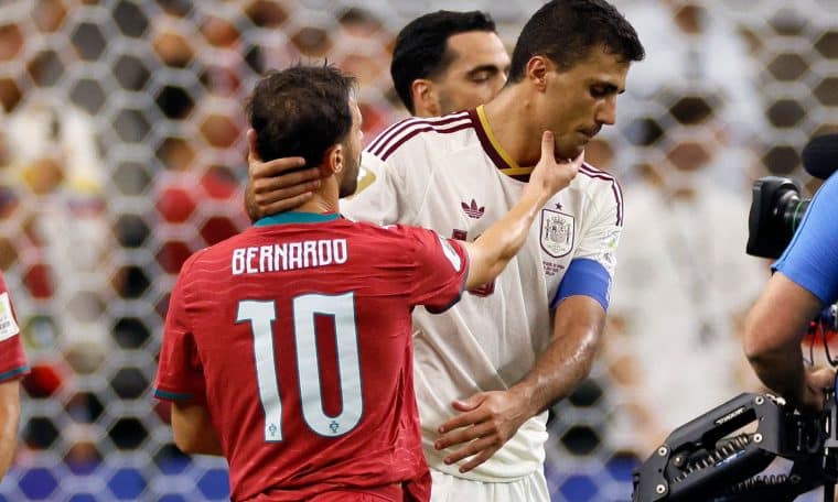 Rodri and Bernardo Silva settling their differences after clashing during the Spain vs Portugal World Cup game.