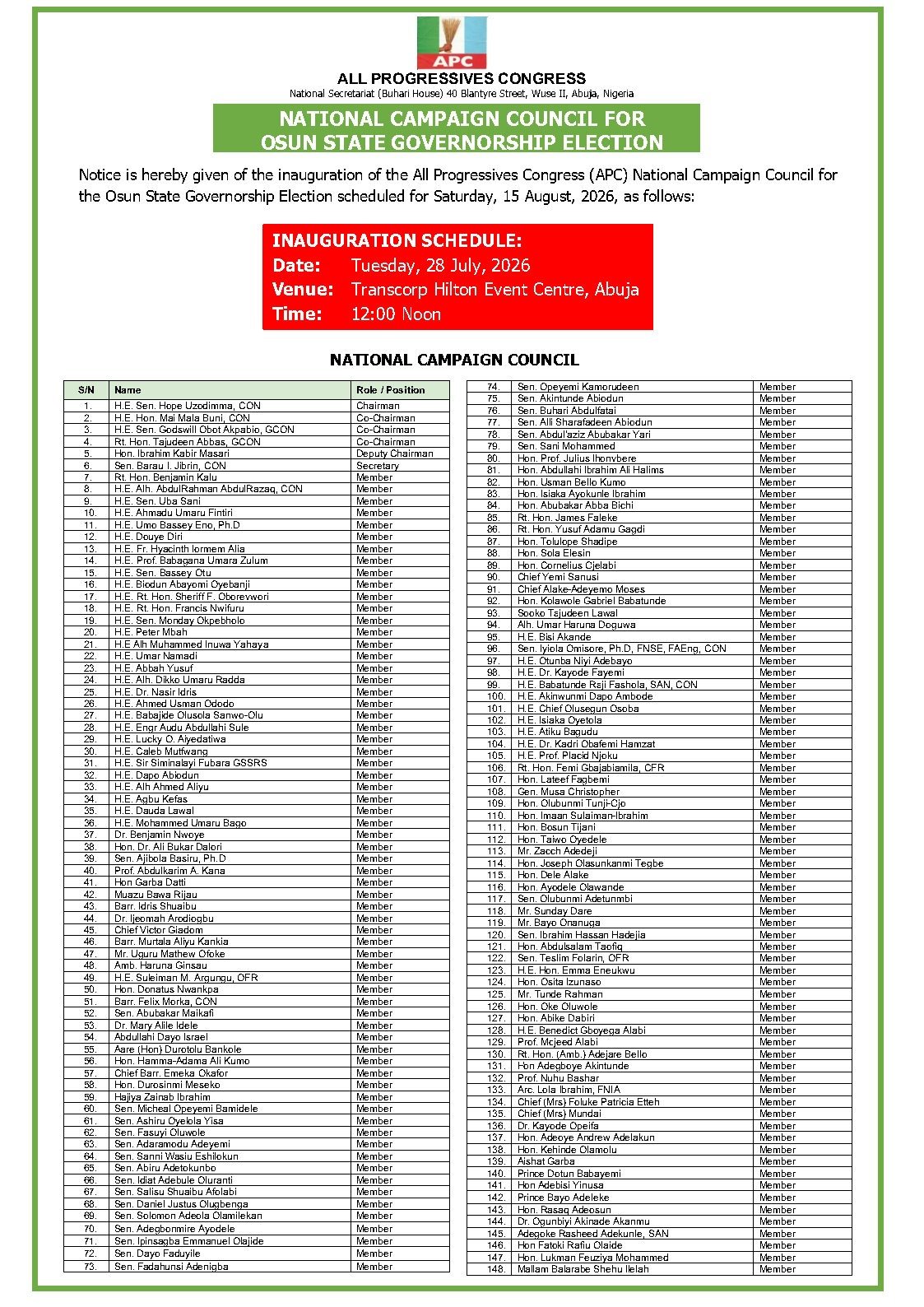 APC Names Uzodinma, Akpabio, Others For 2026 Osun Governorship Campaign Council (Full List)