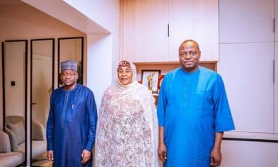 APC National Chairman, Nentawe Yilwatda, during meeting with Turaki-PDP Deputy National Women Leader, Mrs. Hamsatu Adamu.