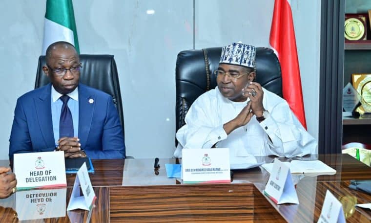 Director General of NCC, Dr. John Asein and Chairman of the NDLEA, Buba Marwa, signing an MoU at the NDLEA headquarters
