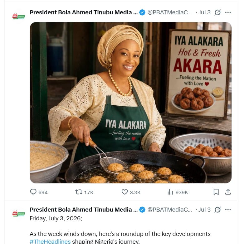 Iya Alakara: Nigerians React As Tinubu’s Media Posts AI Image Of First Lady Selling Akara