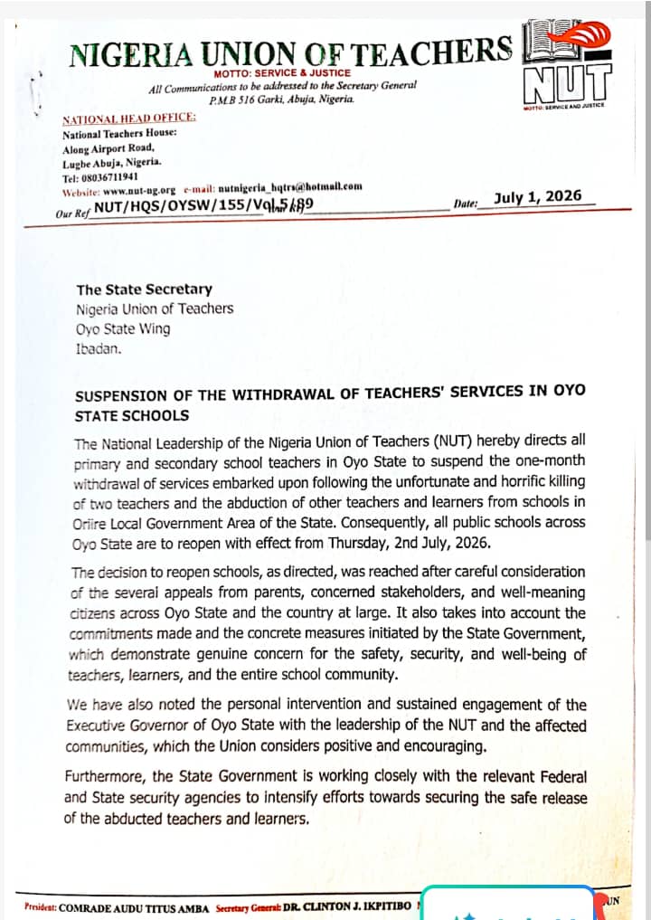 Oriire Kidnapping: NUT Suspends Strike In Oyo Schools