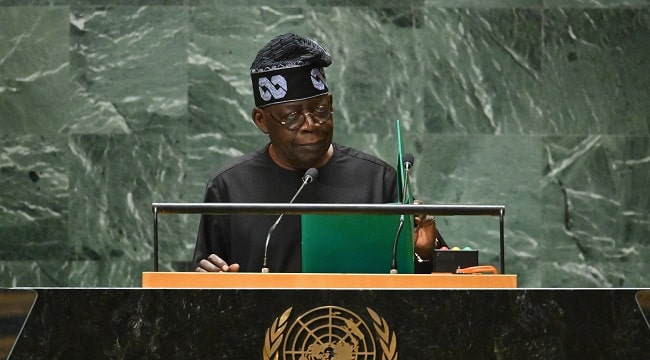 Nigerian President Bola Ahmed Tinubu addresses the 78th United Nations General Assembly at UN headquarters in New York City on September 19, 2023. (Photo by ANGELA WEISS / AFP)