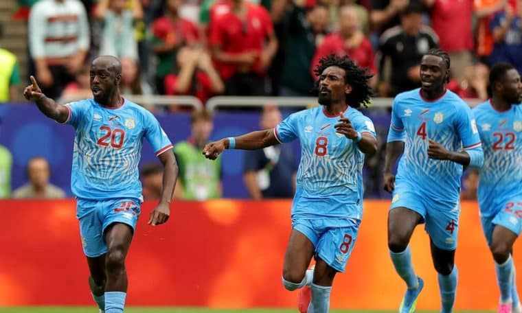 Dr Congoplayers celebrating goal against Portugal in 2026 FIFA World Cup match