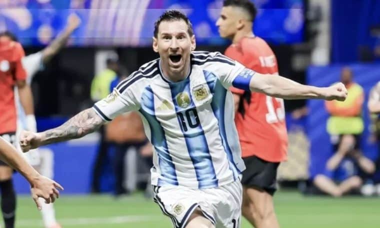 Lionel Messi celebrates after scoring against Egypt at the 2026 FIFA World Cup.
