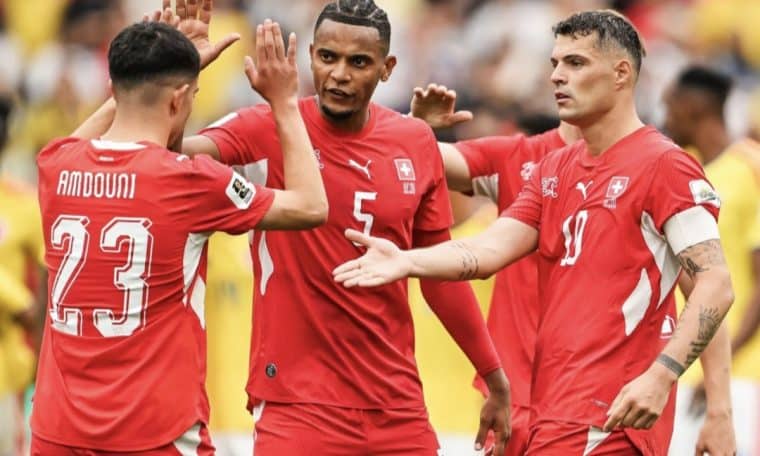 Switzerland players celebrate after knocking out Colombia from the 2026 FIFA World Cup.