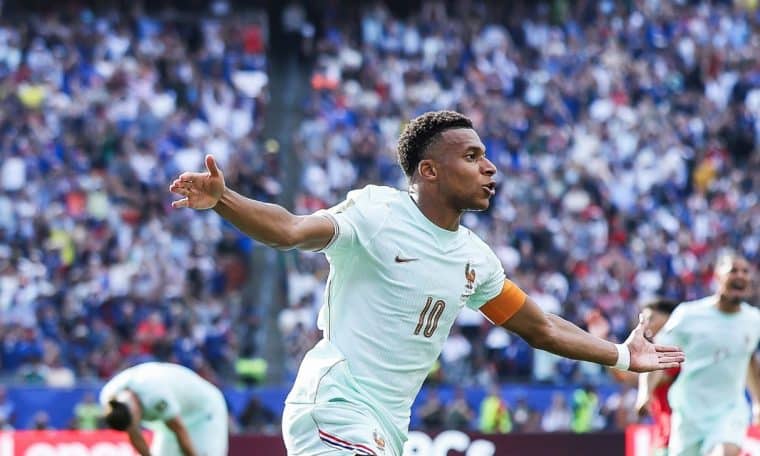 Kylian Mbappe celebrates after scoring against Morocco at the 2026 FIFA World Cup.