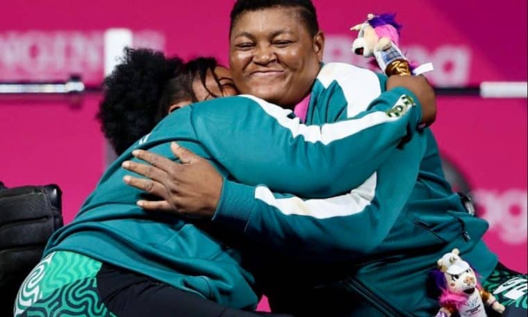 Team Nigeria Captain Folashade Oluwafemiayo (right) celebrating with her counterpart after winning gold at the 2026 Commonwealth Games.