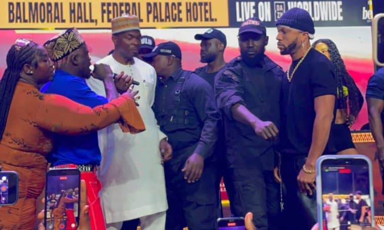 Portable on stage with Charles Okocha during their press conference on Wednesday, July 29, 2026 ahead of the Chaos In The Ring.