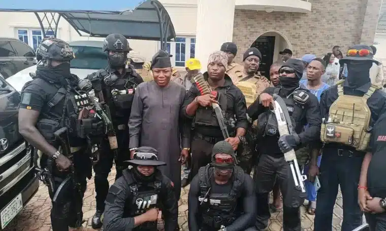 Sunday Igboho (in black native attire) flanked by members of his Iru Ekun Security team during the launch of the security network in Ilorin, Kwara State on Thursday... credit: Toheeb Omotayo