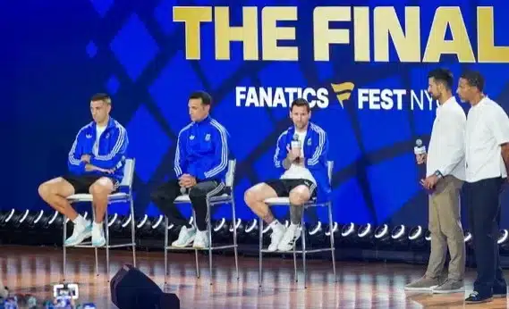 L-R: Argentina Goalkeeper, Emiliano Martínez, Coach Lionel Scaloni, and Lionel Messi during a fans event in New York city ahead of the 2026 FIFA World Cup final.