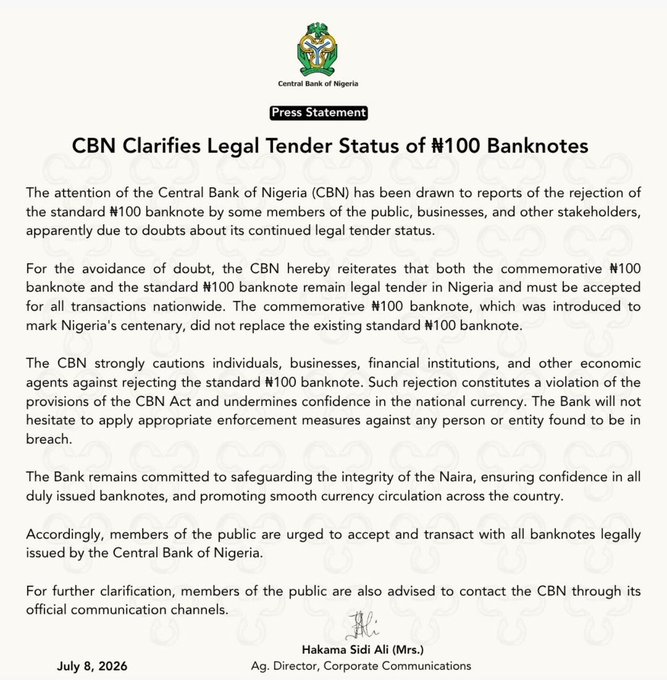 CBN Clarifies Status Of ₦100 Notes In Nigeria