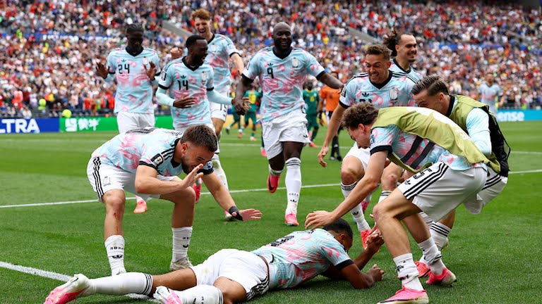 Belgian players celebrate their World Cup match win over Senegal on Wednesday, July 2.