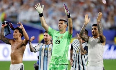 Argentine players celebrate their win over Cape Verde at the World Cup round of 32.