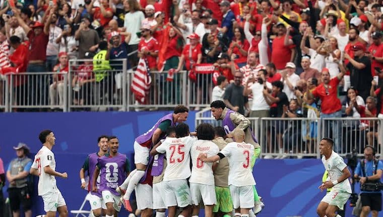 Moroccan players celebrate their win over Canada at the 2026 FIFA World Cup.