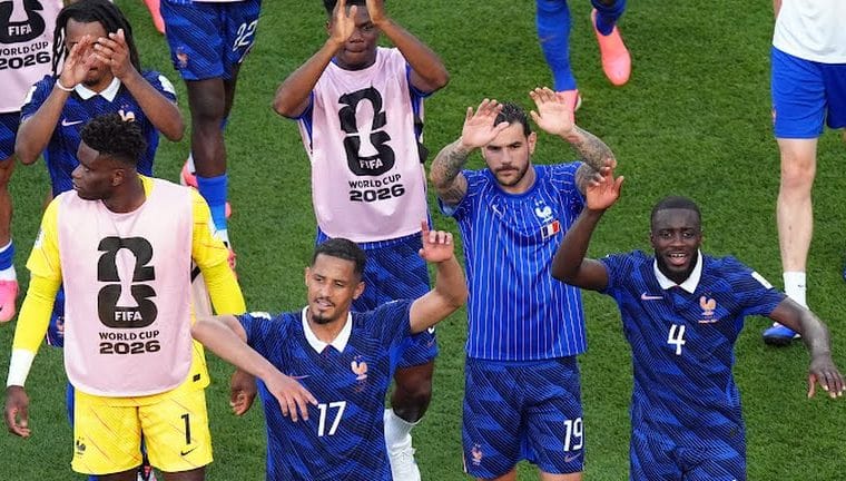 France players celebrate after beating Paraguay at the 2026 FIFA World Cup.
