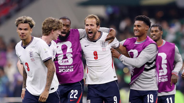 Harry Kane leads England's celebration after knocking out Mexico from the 2026 FIFA World Cup.