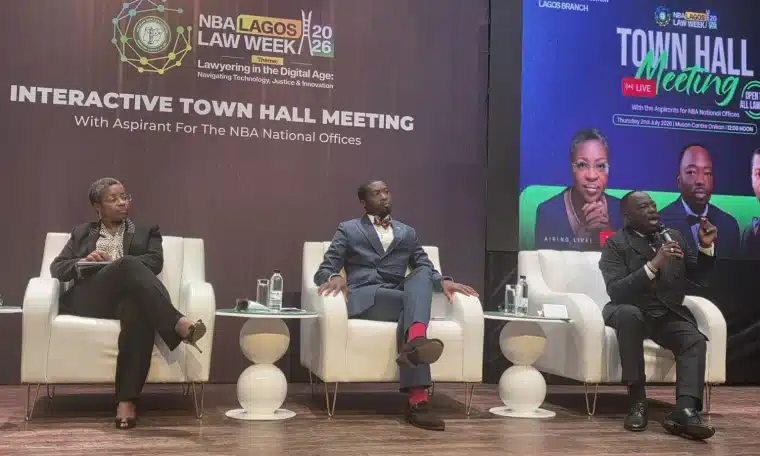 R-L: Nigerian Bar Association presidential aspirants, Olumuyiwa Akinboro, Lateef Akangbe and Oyinkansola Badejo-Okunsanya