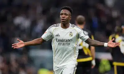 File photo of Vinicius Junior celebrating a goal in Real Madrid's colours.