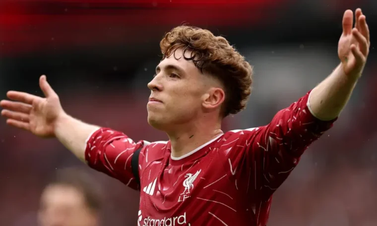 Victor Muñoz celebrates after scoring for Liverpool against Nottingham Forest.