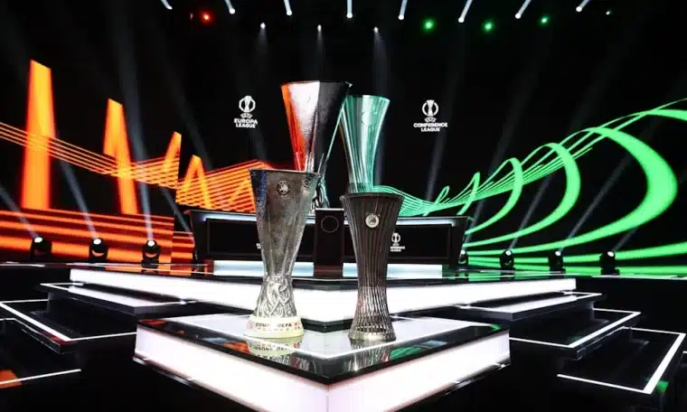 Europa League and Conference League trophies.