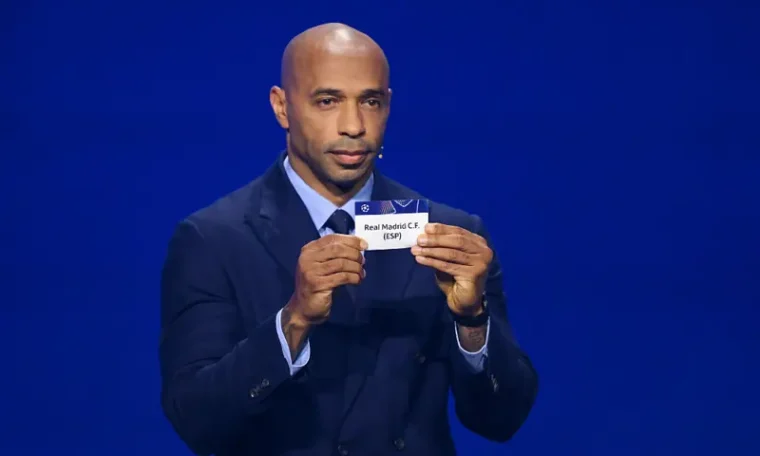 Thierry Henry coordinating the 2026-2027 UEFA Champions League draw.