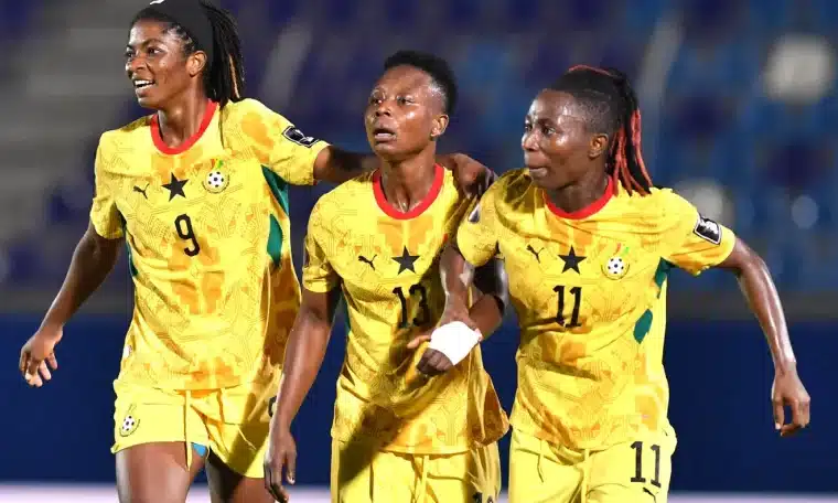 Evelyn Badu of Ghana celebrates goal with teammates during the 2026 WAFCON match between Mali and Ghana